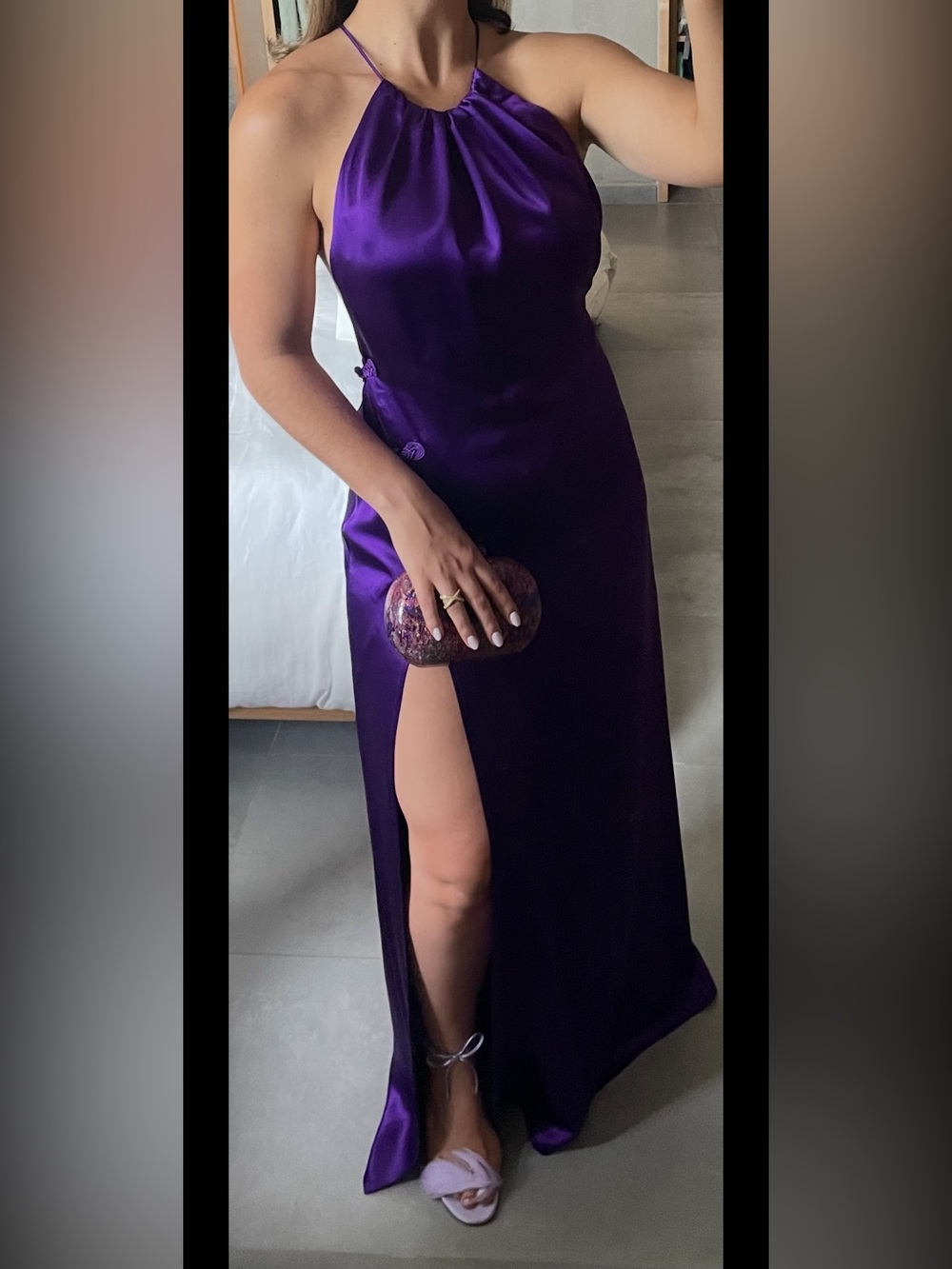 Satin Halter High-Low Evening Dress in Purple